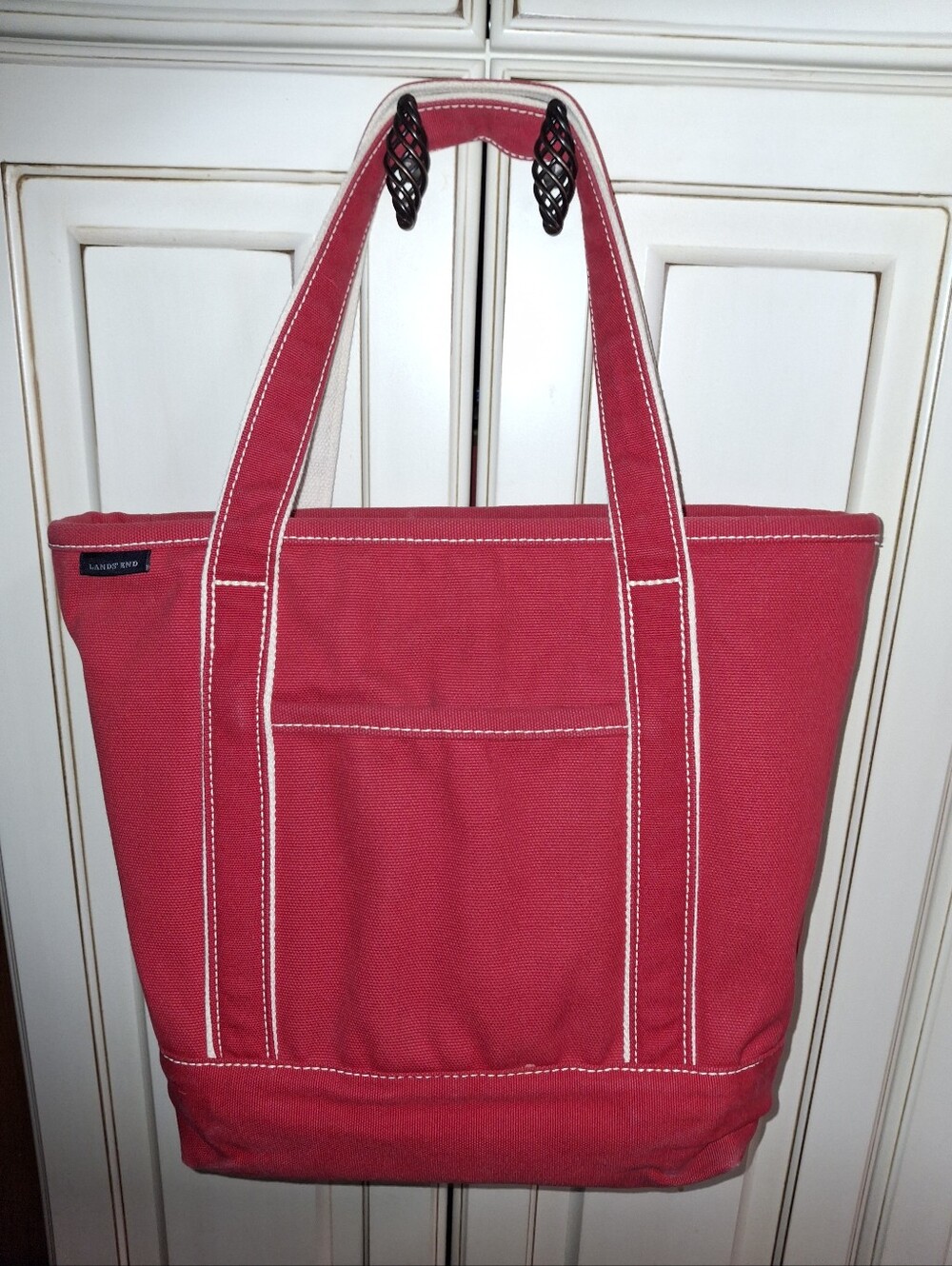 Lands' End Red Canvas Tote with White Stitching - Picture 1 of 7